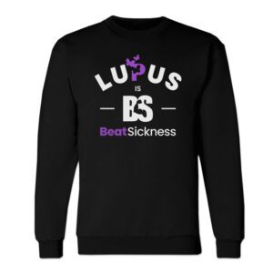 Black sweatshirt with lupus awareness design and purple ribbon.