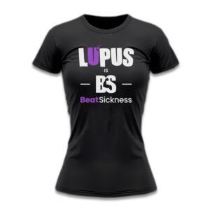 Black T-shirt with Lupus awareness message.