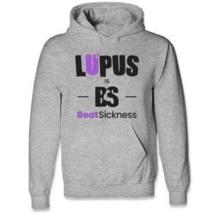 Gray hoodie with purple and black text supporting lupus awareness.