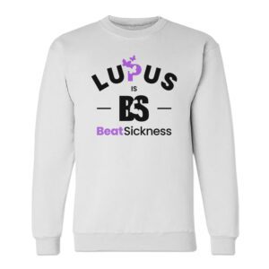 White sweatshirt with Lupus Best Sickness design in purple and black.