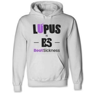 White hoodie with lupus awareness message in purple and black.