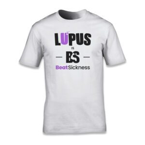 White T-shirt with Lupus awareness message and purple text.